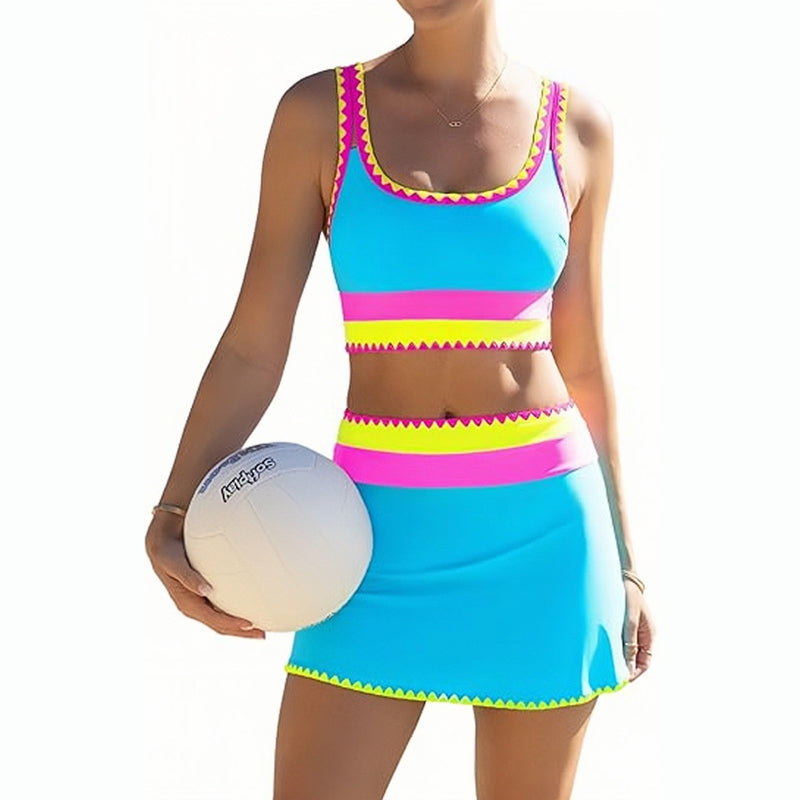 Ensemble bikini 3 pices pour femme Taille haute, motif color-block et zigzag, idal pour la plage et les vacances