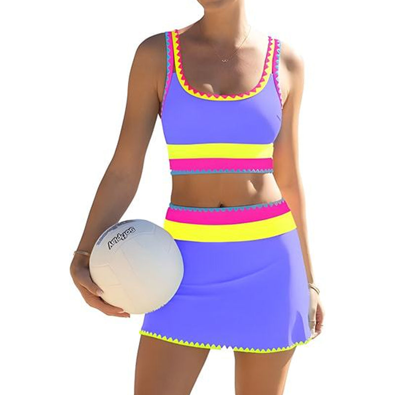 Ensemble bikini 3 pices pour femme Taille haute, motif color-block et zigzag, idal pour la plage et les vacances