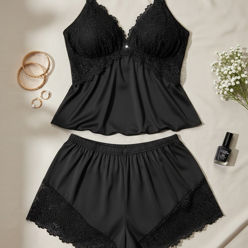 Ensemble pyjama pour femme compos dun caraco et dun short bordures en dentelle