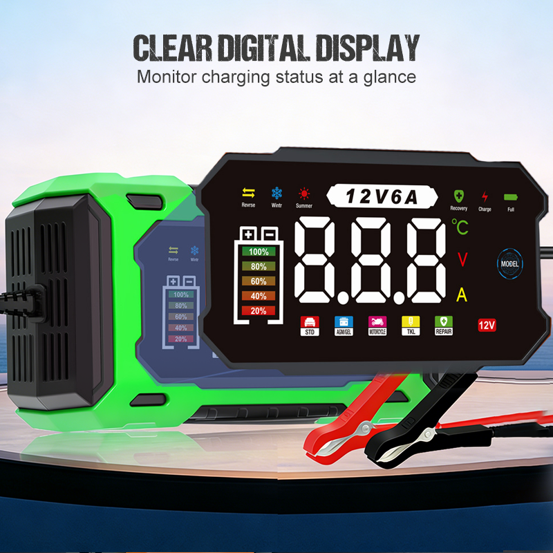 Chargeur de Batterie Voiture Intelligent 12V 6A Rparation par Impulsions, cran LCD, Scurit Maximale