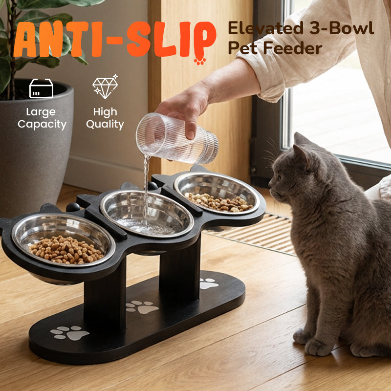 Mangeoire surleve antidrapante avec 3 gamelles pour animaux de compagnie | Protection de la colonne vertbrale avec base antidrapante