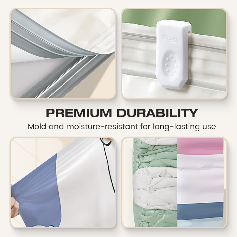 Sacs de rangement sous vide sans pompe Appuyez et scellez, aucune pompe ncessaire. conomise 80 % despace, garde les vtements au sec et sans poussire. Parfait pour la literie volumineuse et lquipement hors-saison.