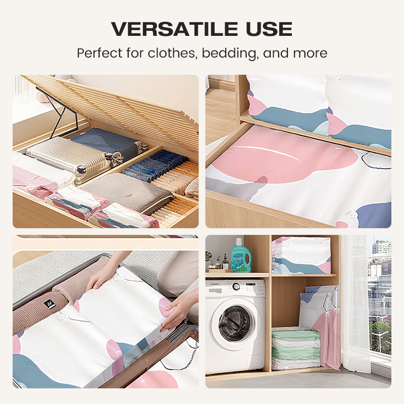 Sacs de rangement sous vide sans pompe Appuyez et scellez, aucune pompe ncessaire. conomise 80 % despace, garde les vtements au sec et sans poussire. Parfait pour la literie volumineuse et lquipement hors-saison.