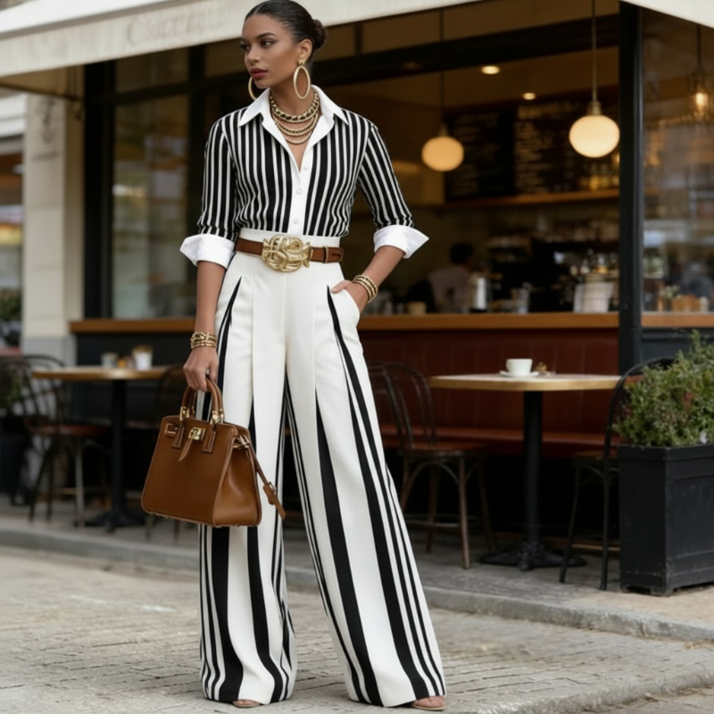 DE RDUCTION Ensemble 2 Pices pour Femme Chemise Raye & Pantalon Large, Look Dcontract, Tissu Lger & Parfait Pour L't