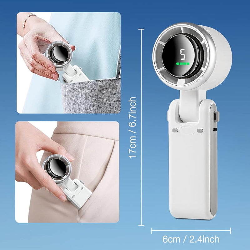 Tragbarer wiederaufladbarer Ventilator, 5 Geschwindigkeiten, 3600 mAh, bürstenloser Motor, LED-Anzeige, 180° verstellbarer Winkel, 3 Farben, perfekt für Büro & Reise