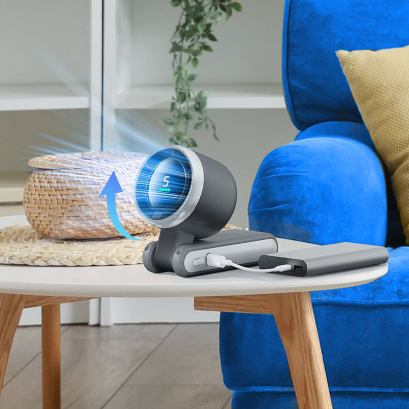 Tragbarer wiederaufladbarer Ventilator, 5 Geschwindigkeiten, 3600 mAh, bürstenloser Motor, LED-Anzeige, 180° verstellbarer Winkel, 3 Farben, perfekt für Büro & Reise
