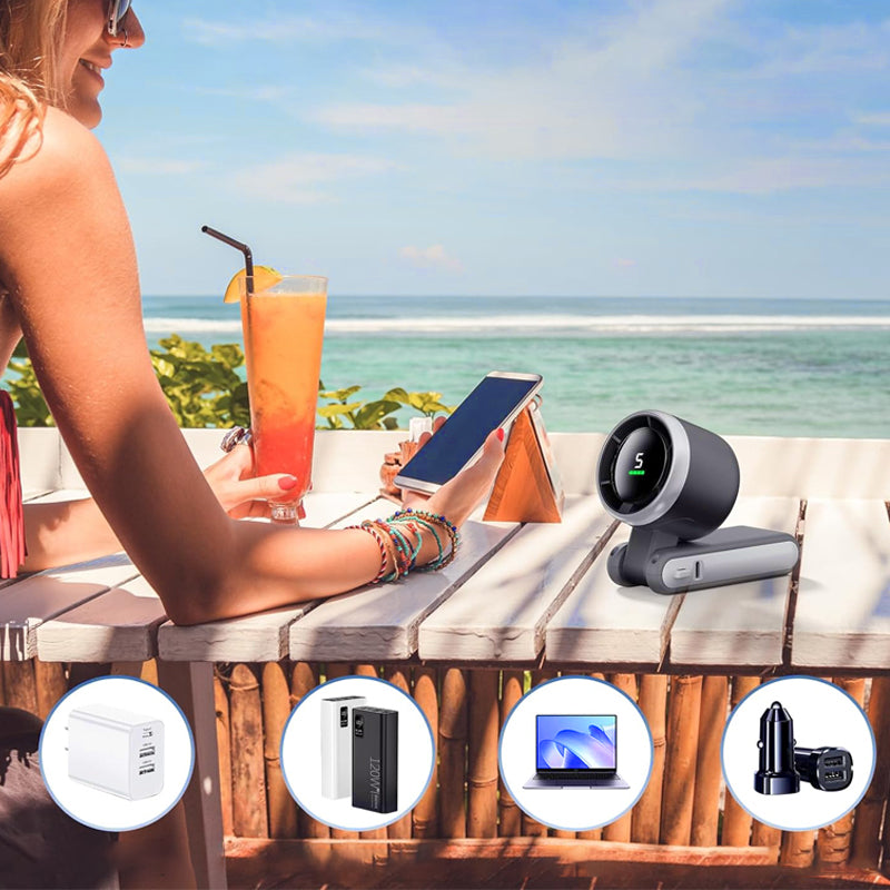 Tragbarer wiederaufladbarer Ventilator, 5 Geschwindigkeiten, 3600 mAh, bürstenloser Motor, LED-Anzeige, 180° verstellbarer Winkel, 3 Farben, perfekt für Büro & Reise