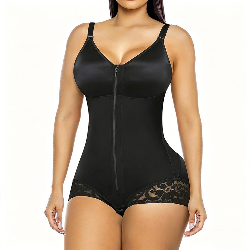 LIMITE -50% Body Gainant Zipp Femme Compression 360 Ventre Plat, Fermeture clair + Crochets, Bretelles Amovibles Noir & Nude XS XL