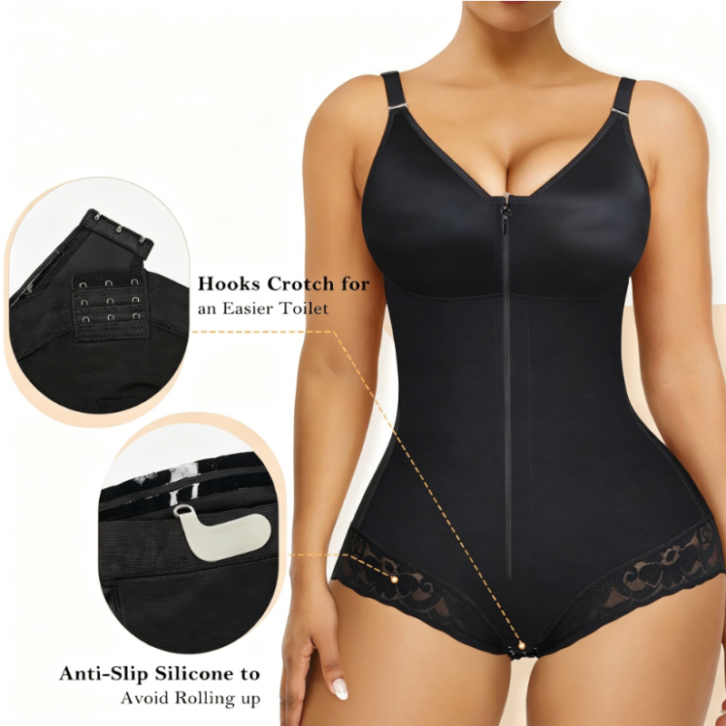 LIMITE -50% Body Gainant Zipp Femme Compression 360 Ventre Plat, Fermeture clair + Crochets, Bretelles Amovibles Noir & Nude XS XL