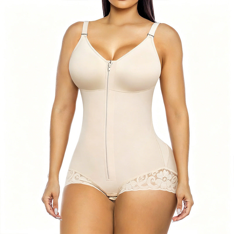 LIMITE -50% Body Gainant Zipp Femme Compression 360 Ventre Plat, Fermeture clair + Crochets, Bretelles Amovibles Noir & Nude XS XL