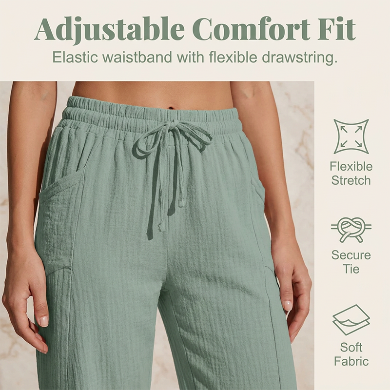 Pantalon court pliss en coton et lin uni pour femme