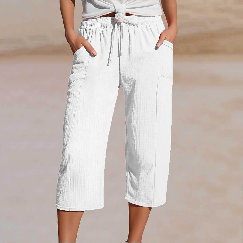 Pantalon court pliss en coton et lin uni pour femme