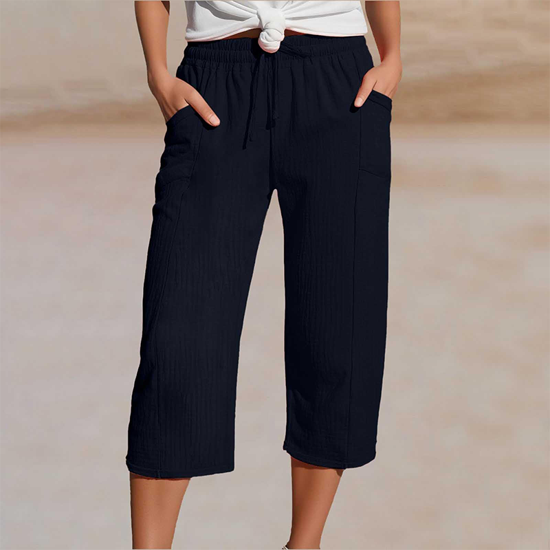 Pantalon court pliss en coton et lin uni pour femme