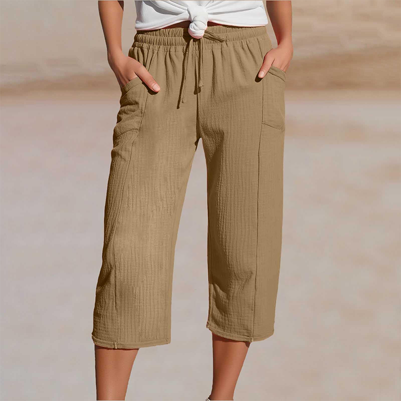 Pantalon court pliss en coton et lin uni pour femme