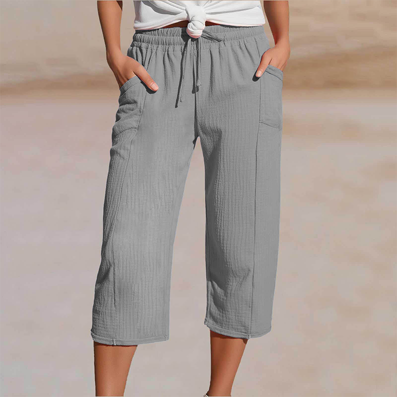 Pantalon court pliss en coton et lin uni pour femme
