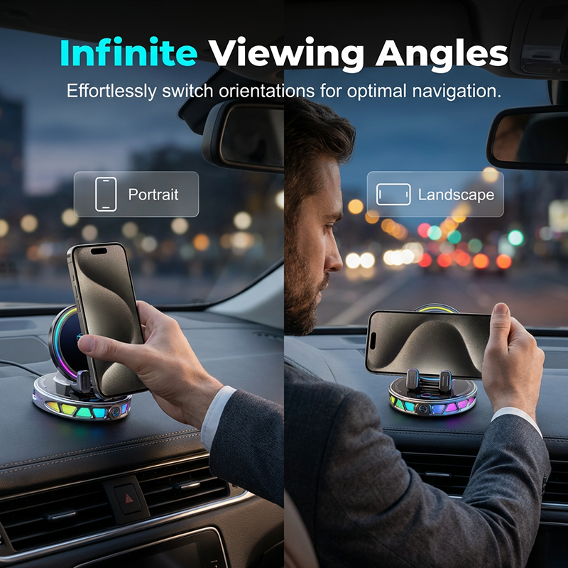 Support Voiture Tlphone RGB avec Recharge Sans Fil 15W Fixation Auto, Rotation Libre, 3 Couleurs, Scuris & Pratique