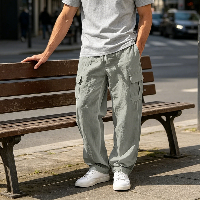 Pantalon cargo en coton et lin pour homme