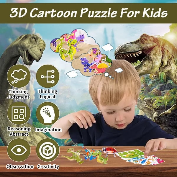 3D-PÄDAGOGISCHES REDUKTIONSRÄTSEL – Set mit 50 farbenfrohen Dinosaurier-Teilen, fördert Kreativität und räumliches Denken ab 4 Jahren