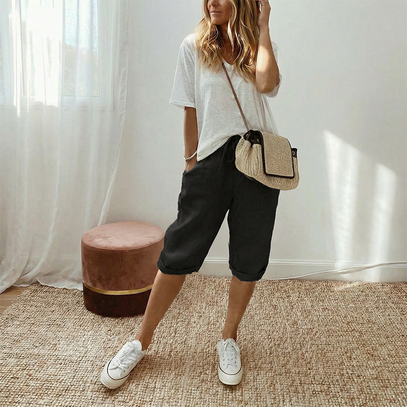 Pantacourt dcontract en coton et lin pour femme