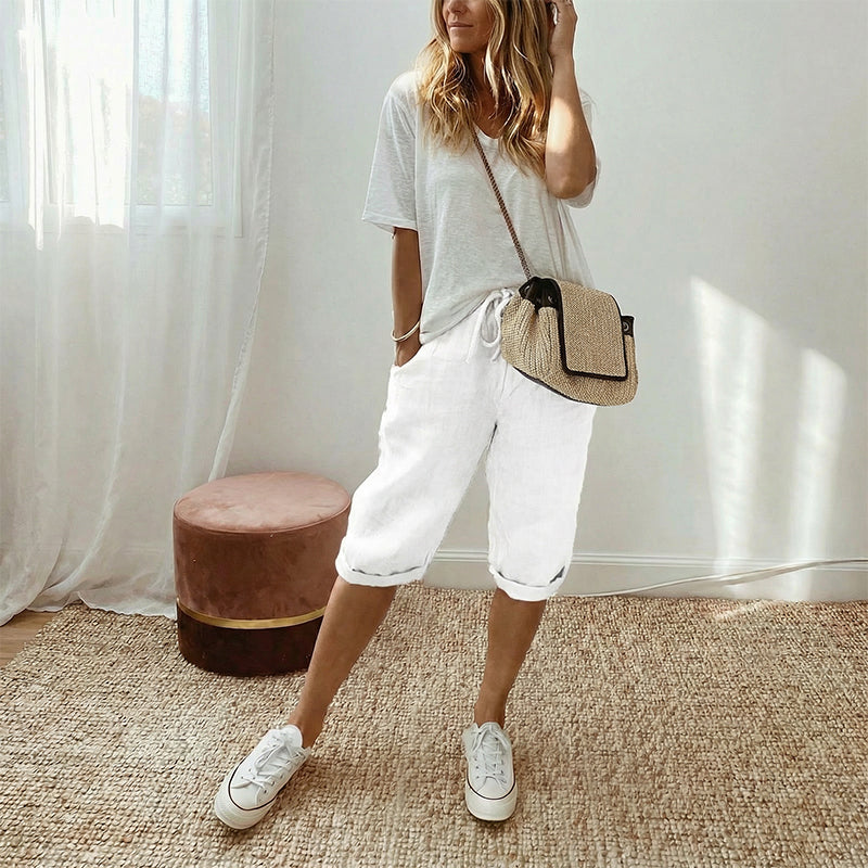 Pantacourt dcontract en coton et lin pour femme