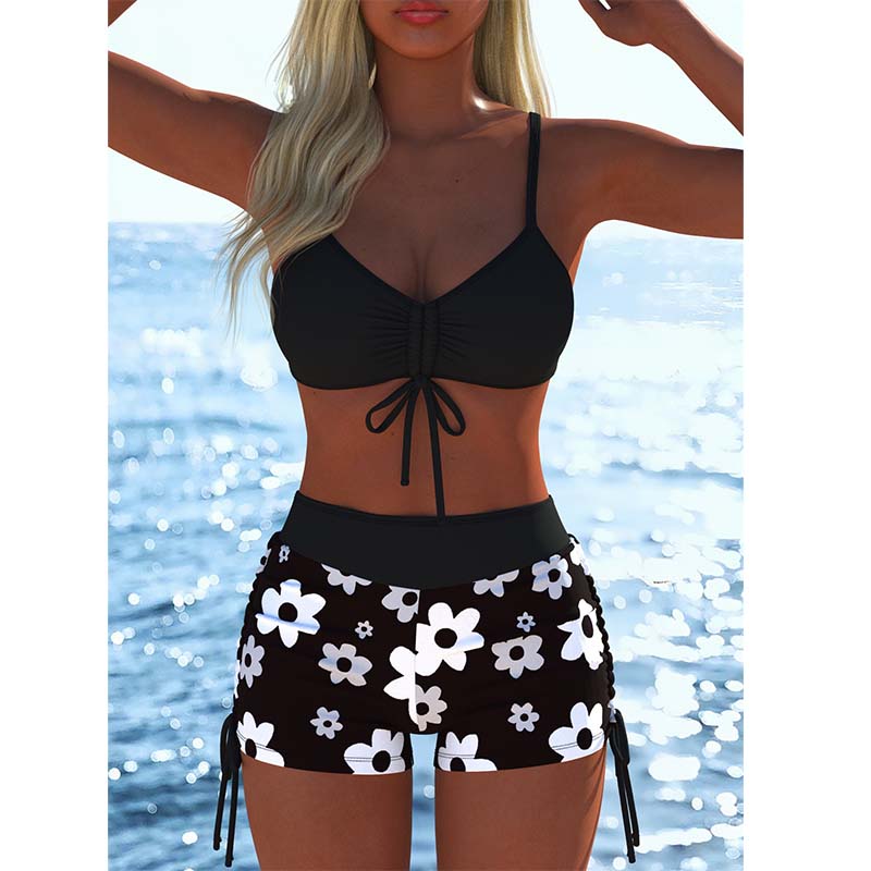 Ensemble Bikini Femme Haut Cordon Rglable & Shorty Boxer, Tissu lastique, Motifs Vibrants, Parfait pour la Plage & la Natation