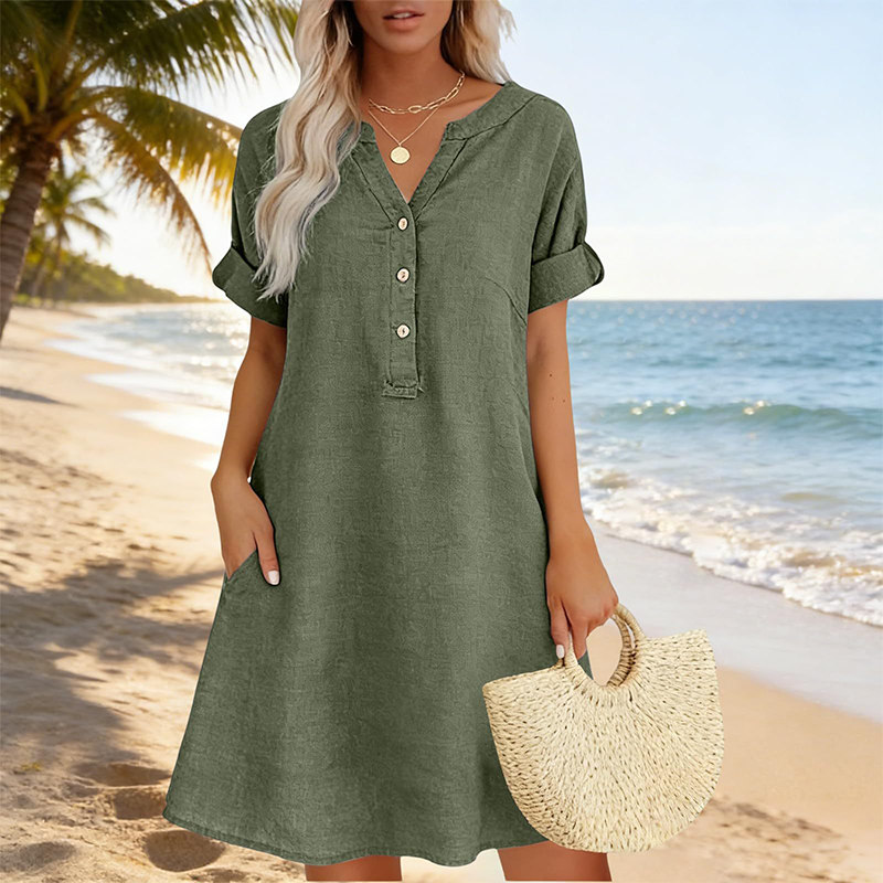 OFFRE LIMITE 50% DE RDUCTION Robe Tunique Indispensable Col V avec Poches Mlange de Coton Doux, Facile dEntretien, Poches des Deux C?ts Un Basique de Garde-Robe pour Printemps, t et Superposition en Automne