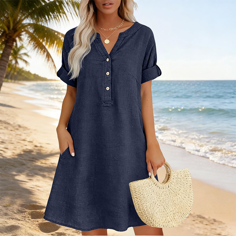 OFFRE LIMITE 50% DE RDUCTION Robe Tunique Indispensable Col V avec Poches Mlange de Coton Doux, Facile dEntretien, Poches des Deux C?ts Un Basique de Garde-Robe pour Printemps, t et Superposition en Automne