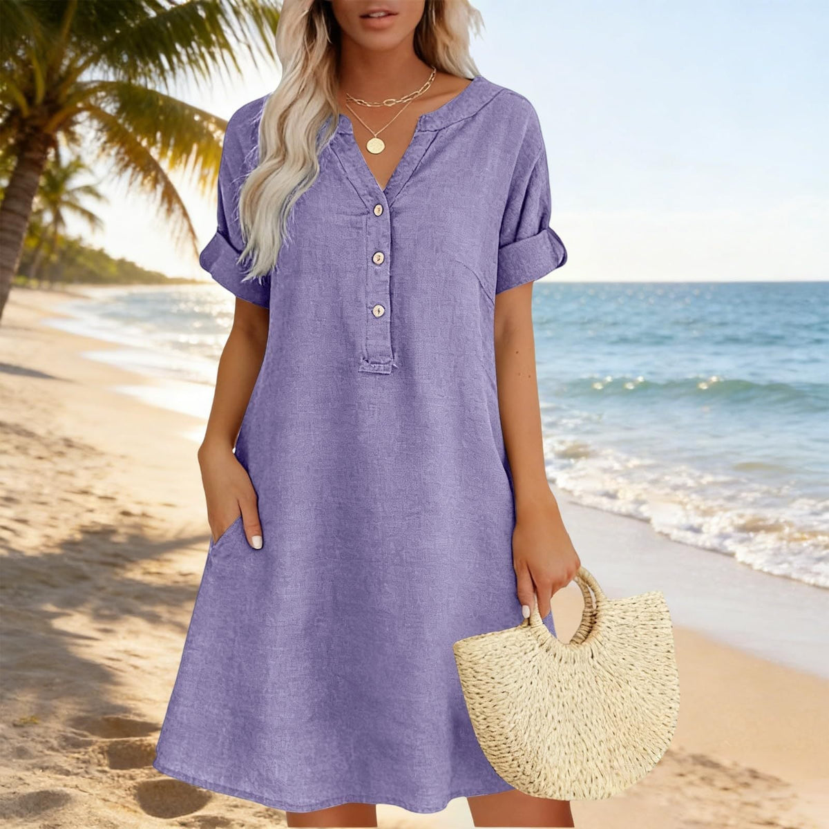 OFFRE LIMITE 50% DE RDUCTION Robe Tunique Indispensable Col V avec Poches Mlange de Coton Doux, Facile dEntretien, Poches des Deux C?ts Un Basique de Garde-Robe pour Printemps, t et Superposition en Automne
