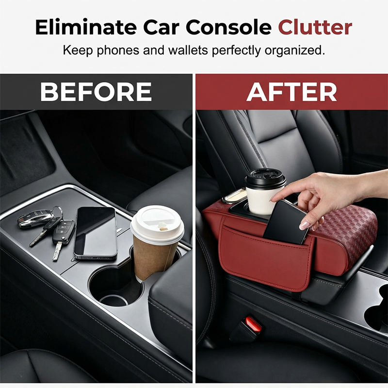 Coussin d'accoudoir de voiture, housse de console centrale 5 en 1 avec 2 sacs de rangement, porte-gobelet, emplacement pour bo?te mouchoirs, emplacement pour tlphone pour berlines, accessoires de voiture, organisateurs intrieurs