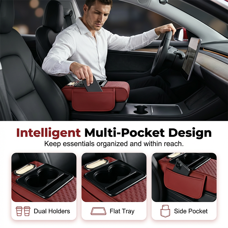 Coussin d'accoudoir de voiture, housse de console centrale 5 en 1 avec 2 sacs de rangement, porte-gobelet, emplacement pour bo?te mouchoirs, emplacement pour tlphone pour berlines, accessoires de voiture, organisateurs intrieurs