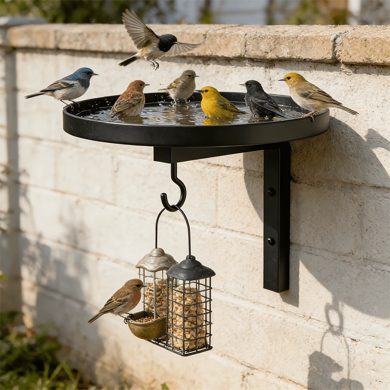 Bain d'Oiseau Mural Mtal Fer Robuste Double Fonction Bassin + Crochet Polyvalent, Anti-Rouille, Fixation Murale Gain de Place