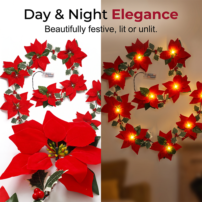 Guirlande de No?l florale Poinsettias lumineux, ambiance chaleureuse, habillez votre intrieur de tradition et de douceur, pour des ftes inoubliables en famille