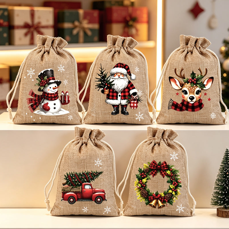 Festliche bedruckte Weihnachtsgeschenktüten mit Kordelzug & strapazierfähigem Stoff für eine schicke und wiederverwendbare Verpackung.