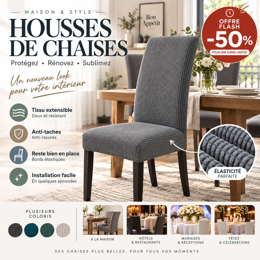 Rduction Housse de chaise extensible Ajustement parfait, anti-tache, protge et rnove vos chaises facilement