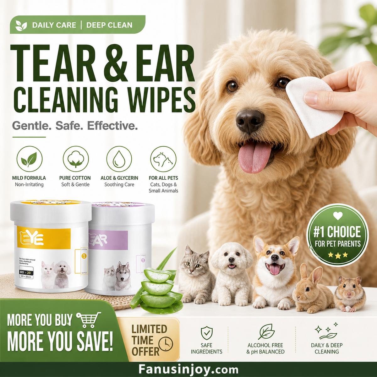 1 achet 1 offert Lingettes nettoyantes yeux et oreilles base de plantes, sans parfum, nettoie en douceur les yeux et les oreilles de votre compagnon quatre pattes