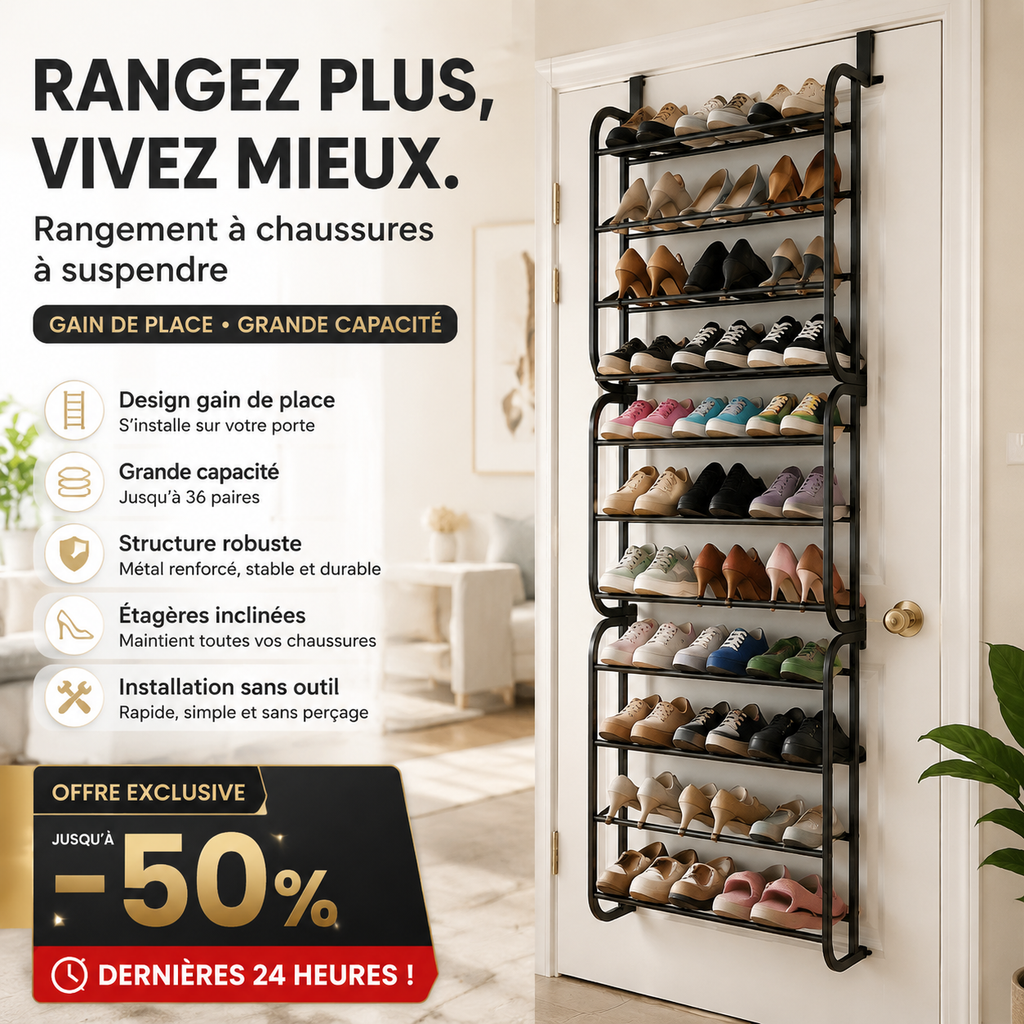 Organisateur Chaussures Suspendu Porte Jusqu' 36 Paires Mtal Robuste Stable, tagres Inclines Anti-Glissement Talons Bottes Baskets, Installation Sans Outils Secondes 3 Coloris 4-8-12 tages