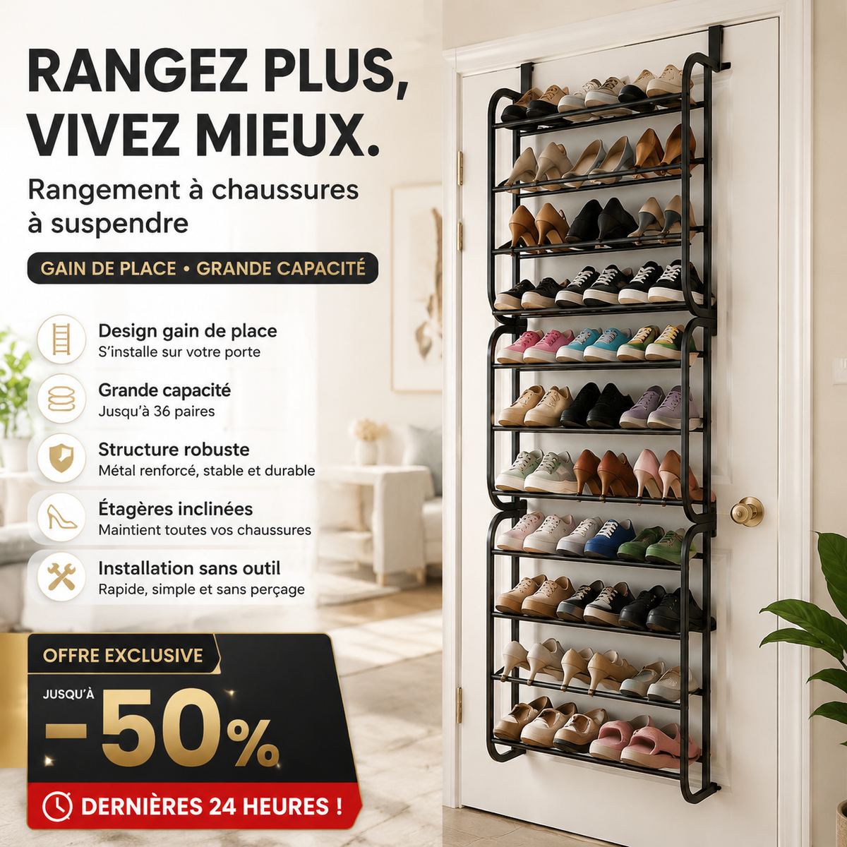 Organisateur Chaussures Suspendu Porte Jusqu' 36 Paires Mtal Robuste Stable, tagres Inclines Anti-Glissement Talons Bottes Baskets, Installation Sans Outils Secondes 3 Coloris 4-8-12 tages
